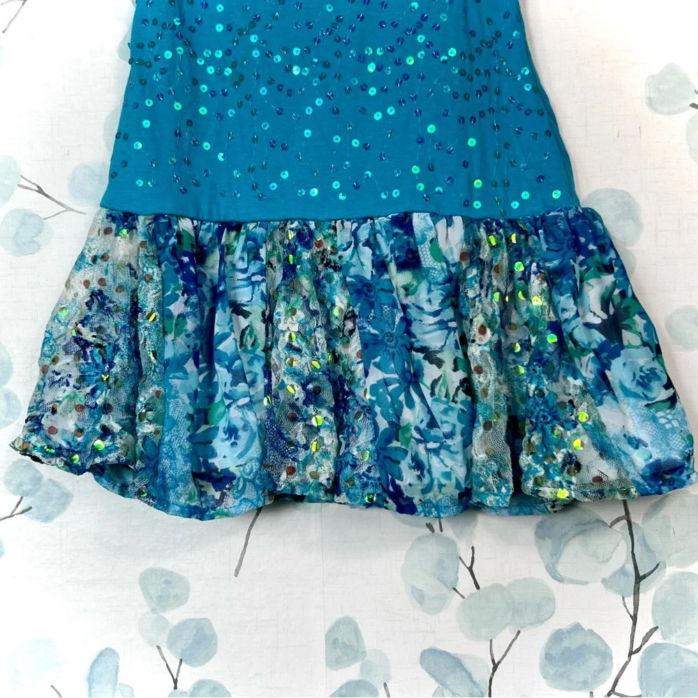 Justice Kids Turquoise Aqua Blue Dress Sequin Party Dress-up Floral Ruffled Lace - Picture 7 of 15
